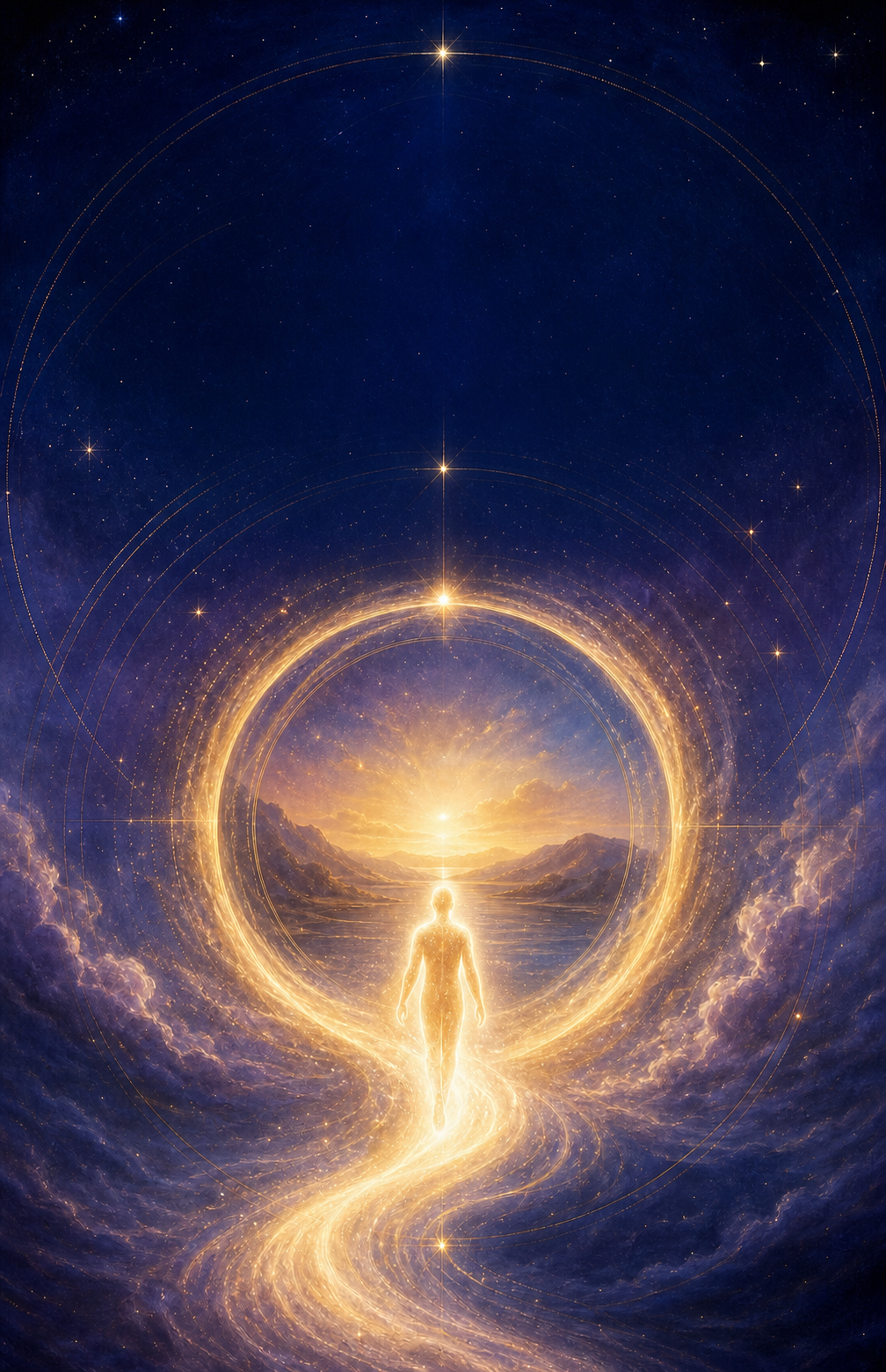 Una figura luminosa sigue un sendero dorado a través de un portal circular hacia el amanecer bajo un cielo estrellado.